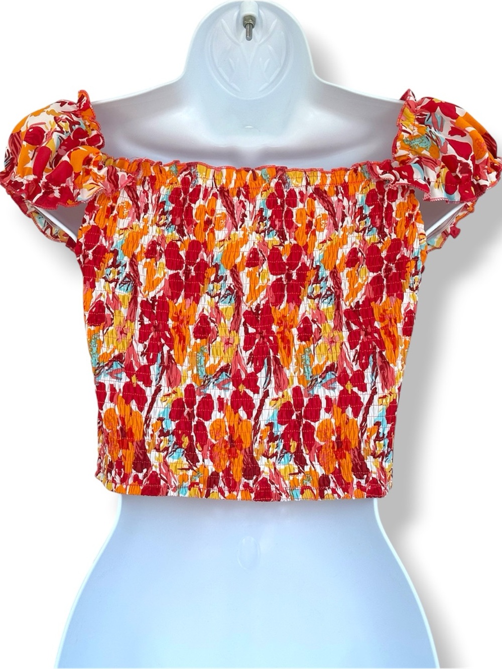 SHEIN Pink & Orange Floral Smocked Puff-Sleeve Crop Top - Picture 5 of 7